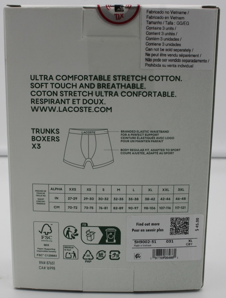 Lacoste Logo Underwear Mens XL 3-Pack Stretch Trunks Boxers Black White 38 42 in