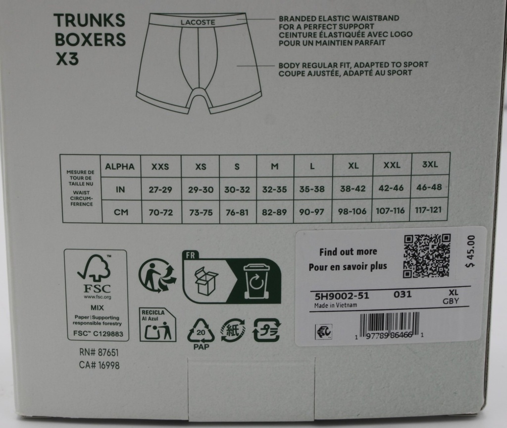 Lacoste Logo Underwear Mens XL 3-Pack Stretch Trunks Boxers Black White 38 42 in