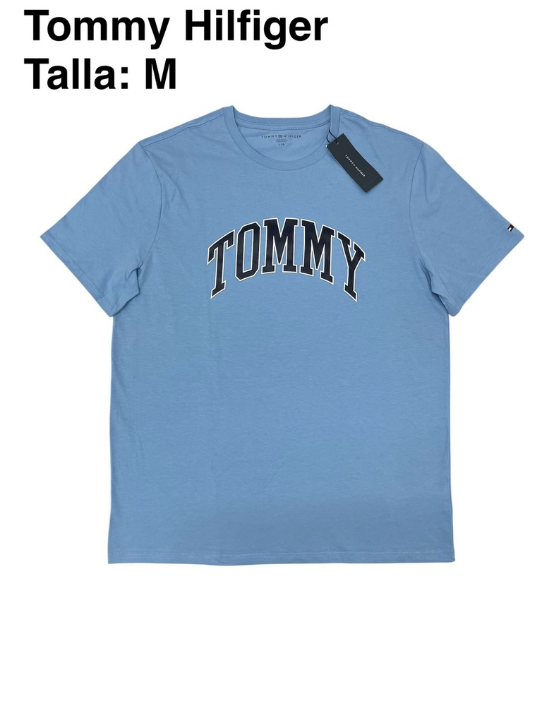 Playera Tommy Hilfiger azul con gráfico frontal estilo universitario talla m