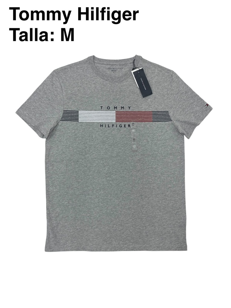 Playera Tommy Hilfiger gris con diseño de rayas horizontales en el pecho talla m
