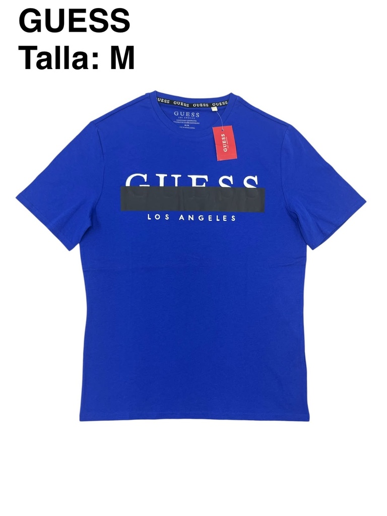 Playera GUESS azul con logo estampado y pecho negro talla m