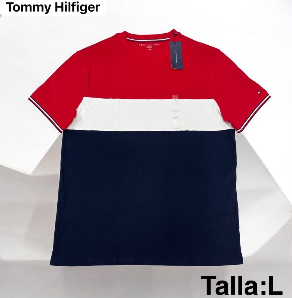 Playera Tommy Hilfiger  con un diseño tricolor rojo blanco y azul talla L
