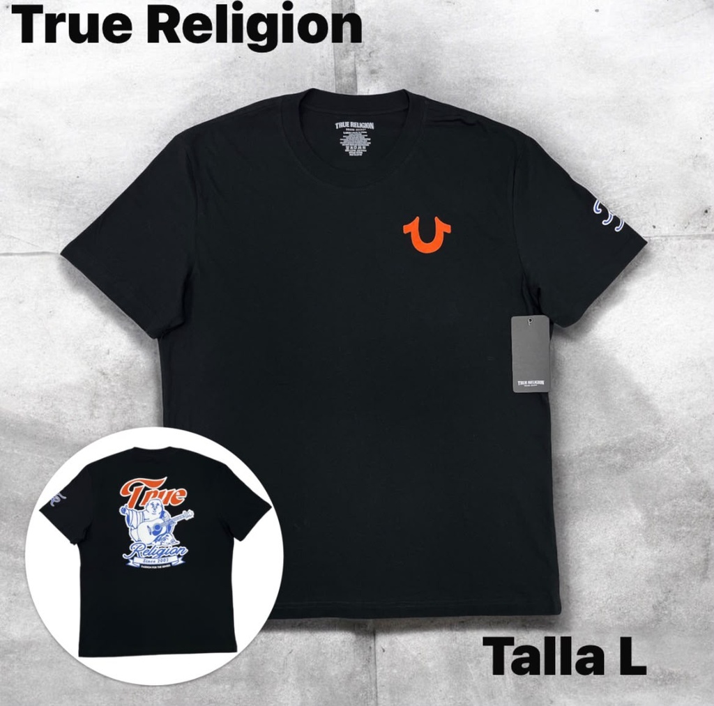 Playera True Religion negra con un logotipo de herradura naranja en el pecho talla L