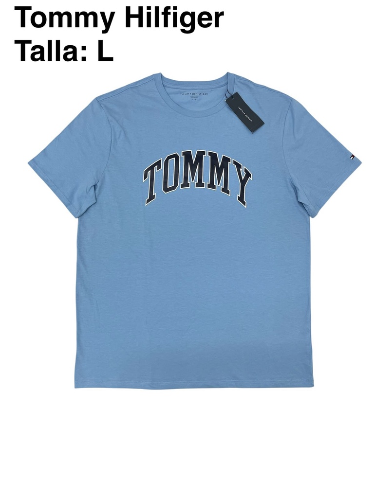 Playera Tommy Hilfiger azul con logotipo gráfico curvado talla L