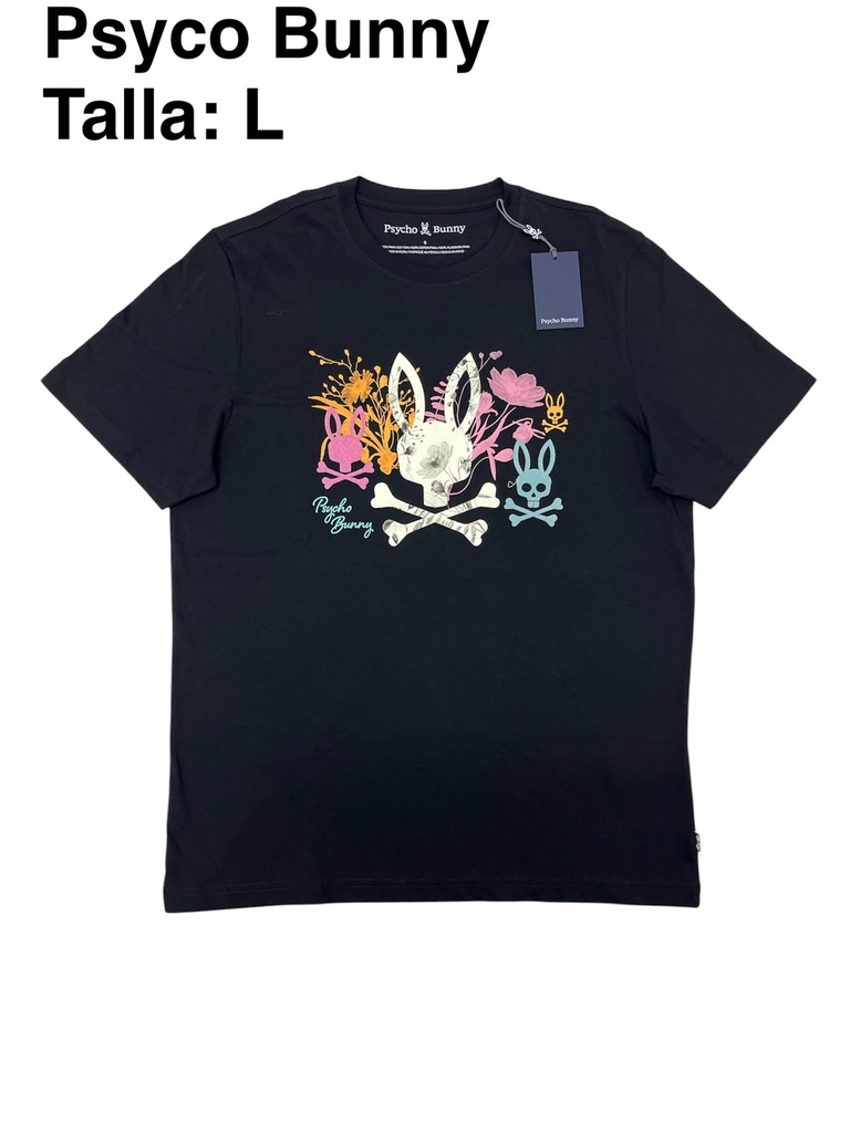 Playera Psycho Bunny negra con un gráfico colorido de conejo talla L