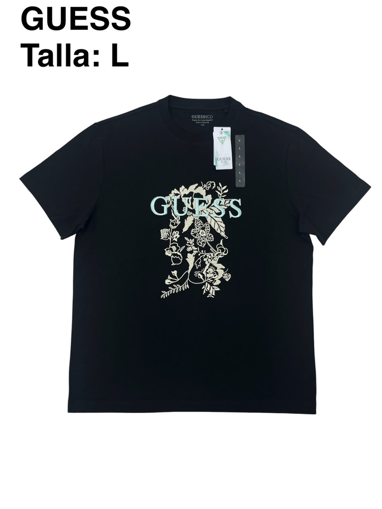 Playera GUESS negra con un gráfico frontal talla L