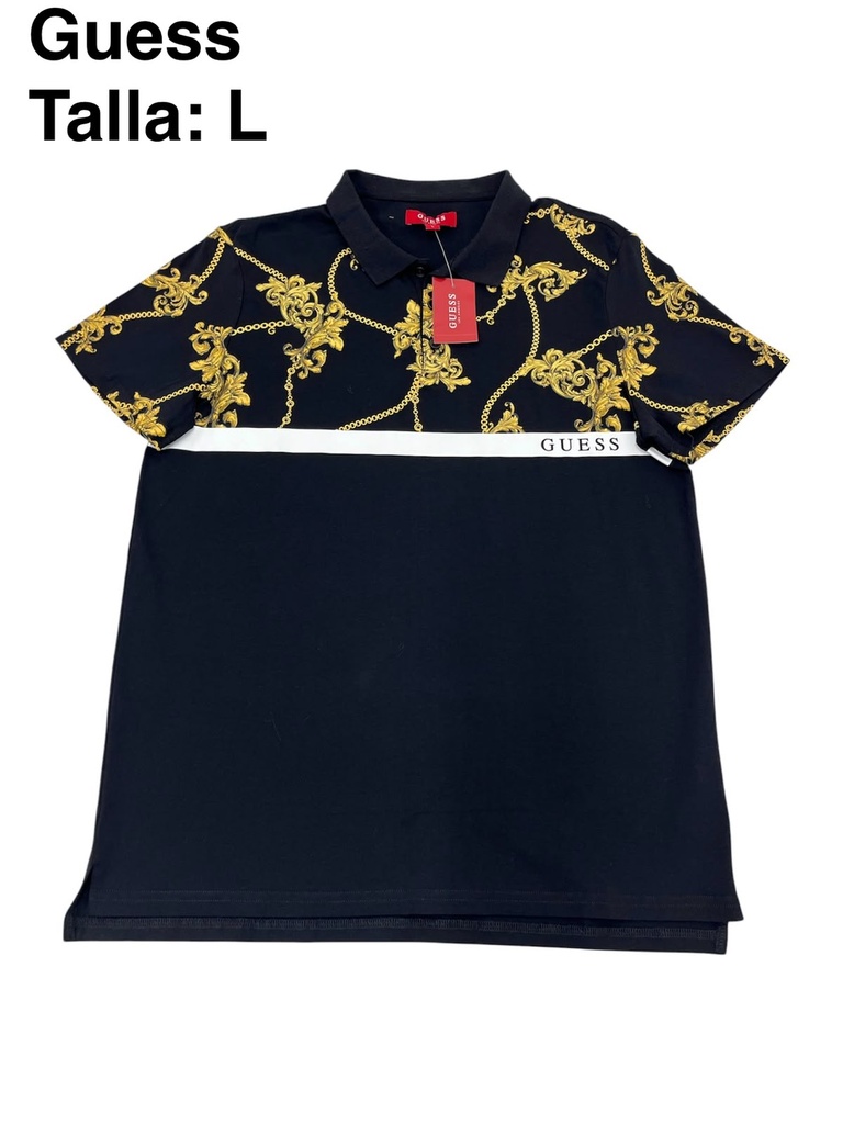 Playera GUESS negra con detalles en dorado y blancos talla L