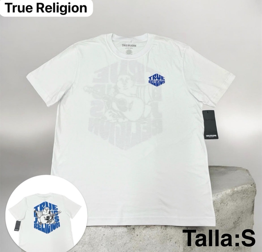 Playera True Religion blanca con un gráfico de buddha en color azul en la parte trasera y logo en el pecho talla S