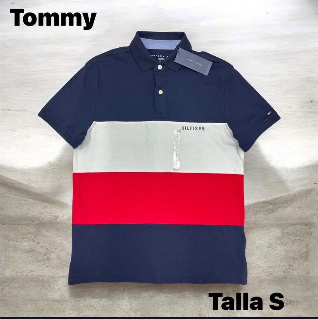 Playera Tommy Hilfinger azul marino con franjas blancas y rojas talla S