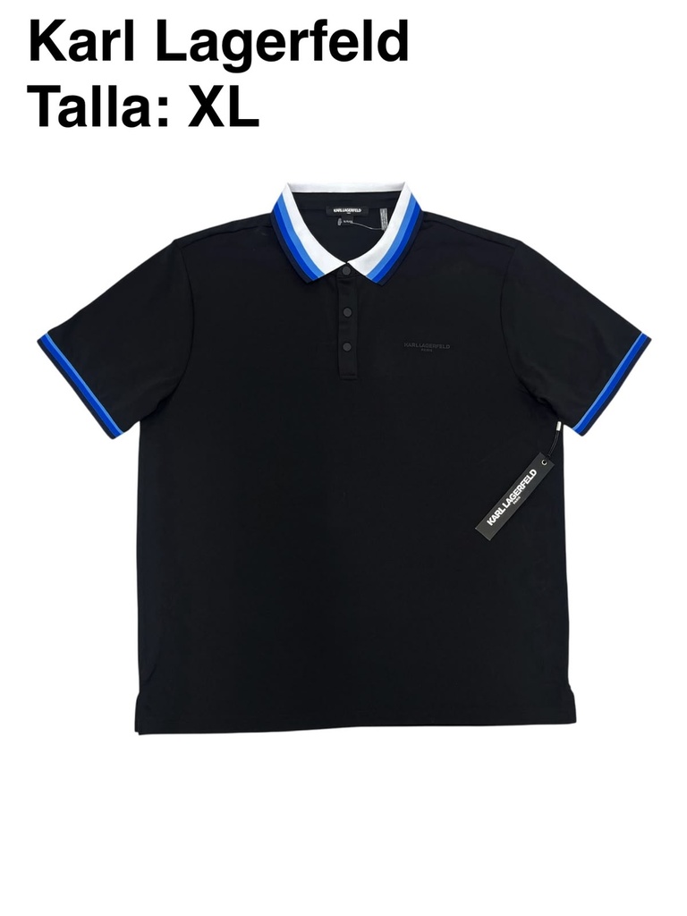 Playera Karl Lagerfeld negra con franjas azules contrastantes en cuello y las mangas talla xl