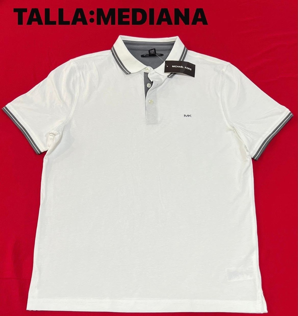 Playera MICHAEL KORS blanca con ribetes a rayas grises en cuello y las mangas talla m