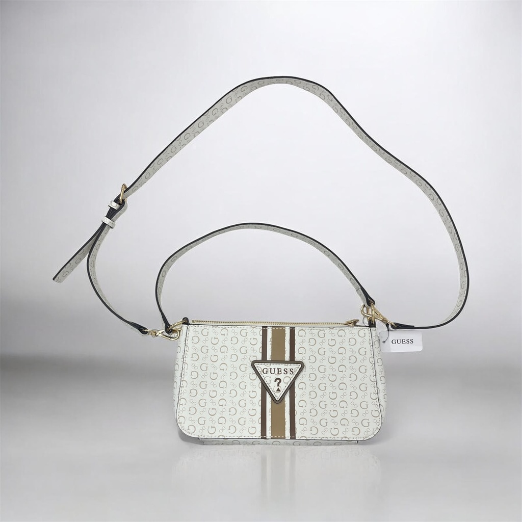 Bolso GUESS color blanco con detalles de rayas marrones
