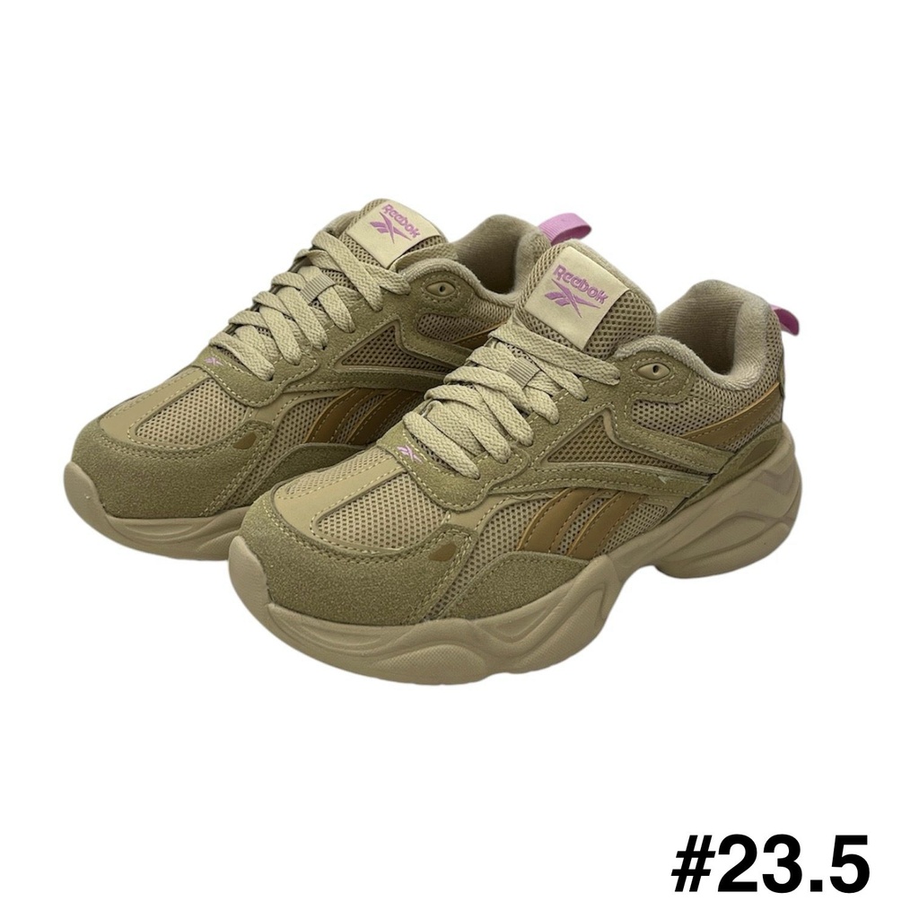 Tenis para dama Reebok en color beige con detalle morados estilo deportivo talla 23.5