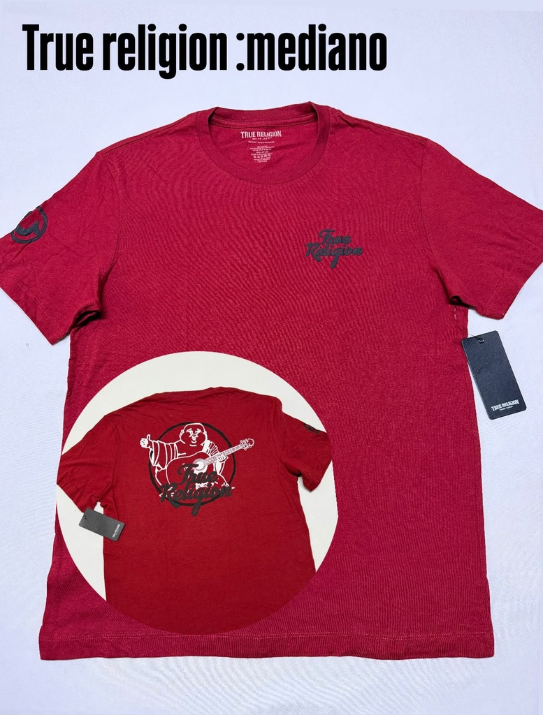 Playera True Religion roja con logotipo de Buda en la espalda talla m
