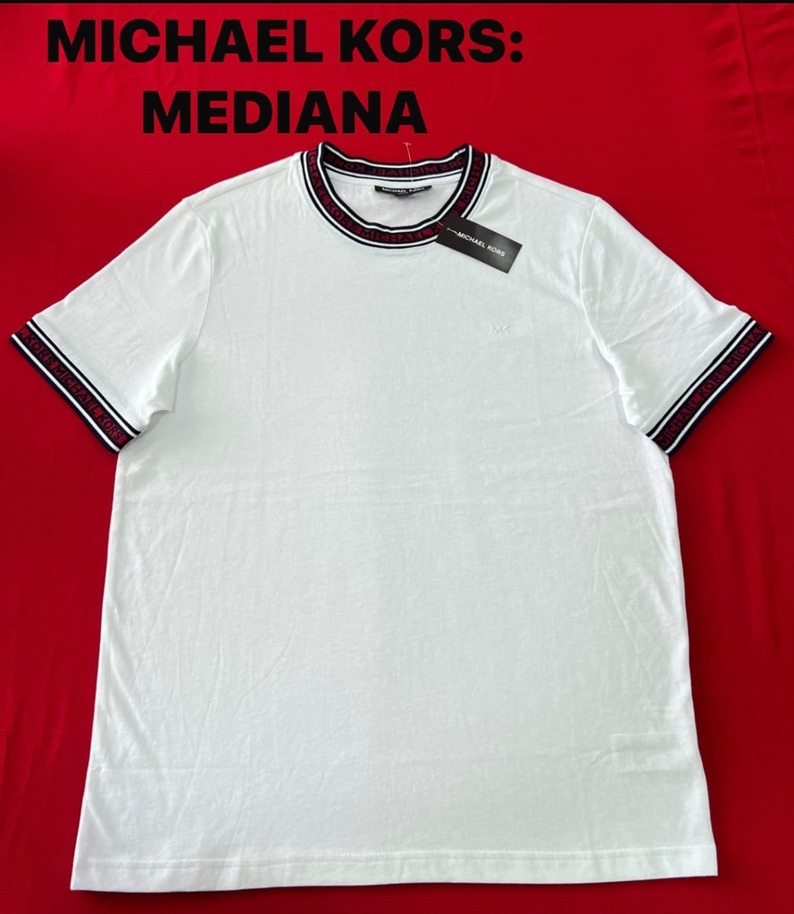 Playera MICHAEL KORS blanca de cuello redondo con franjas con el logotipo impreso en cuello y mangas talla m