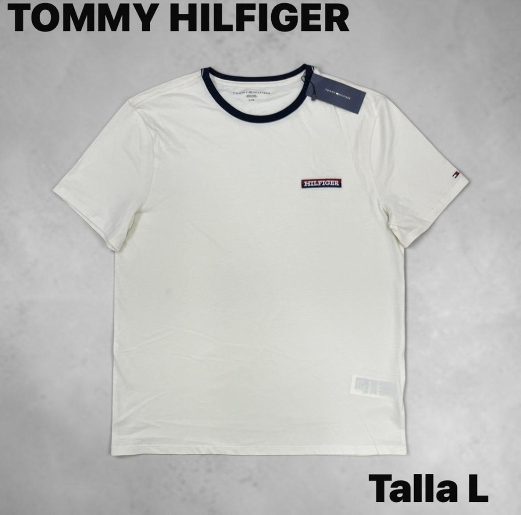 Playera tommy hilfiger blanca franja/cuello L