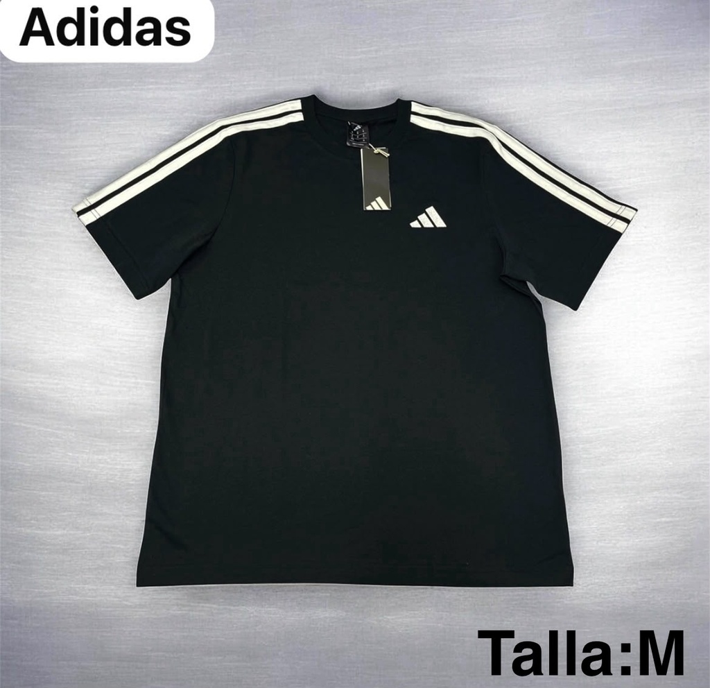 Playera Adidas negra con franjas blancas en los hombros talla m