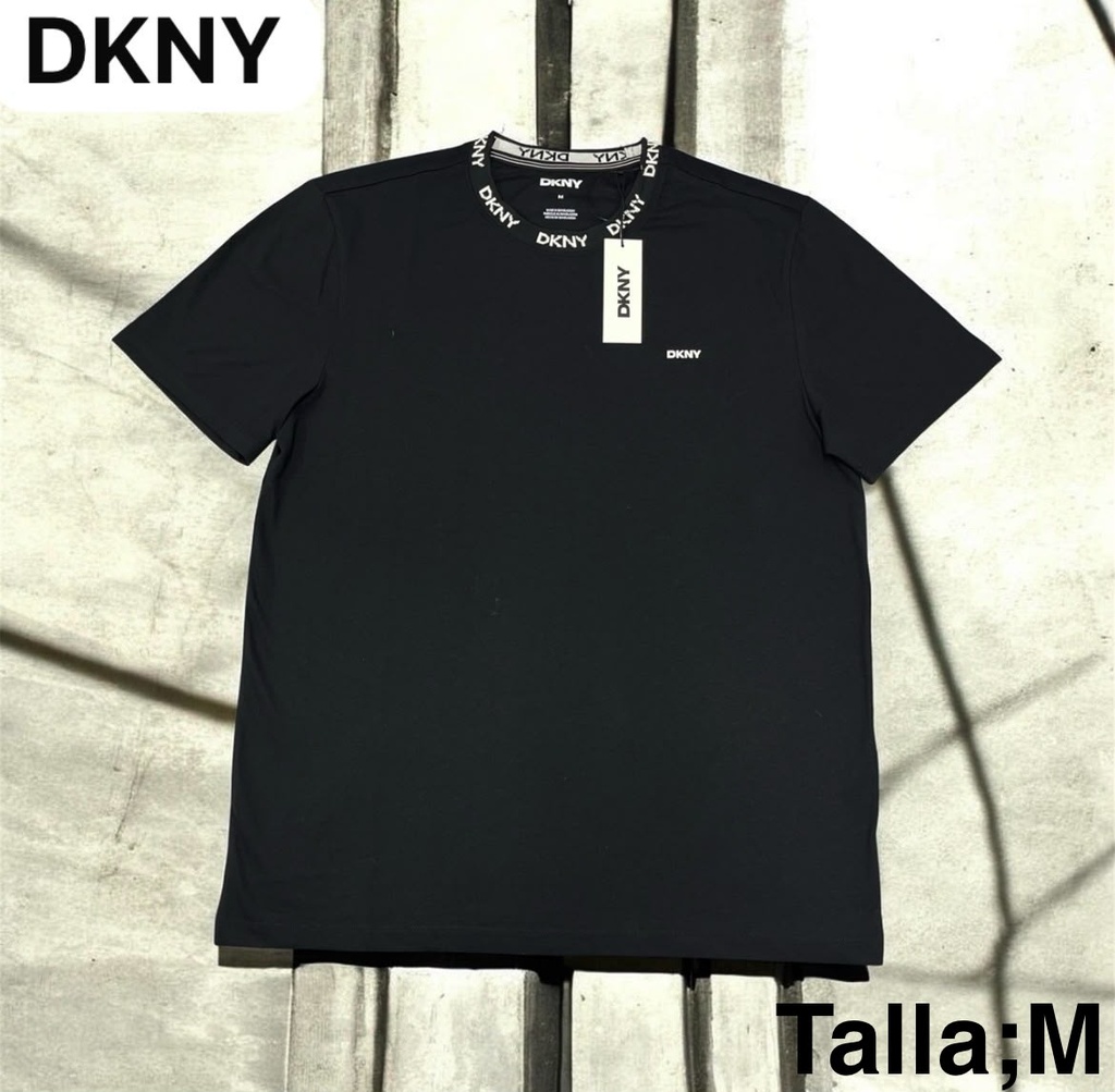 Playera DKNY negra de cuello redondo con ribete estampado de logotipo contrastante en el cuello talla m