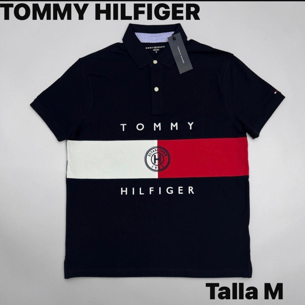 Playera tipo polo tommy hilfiger negro/blanco/rojo talla M