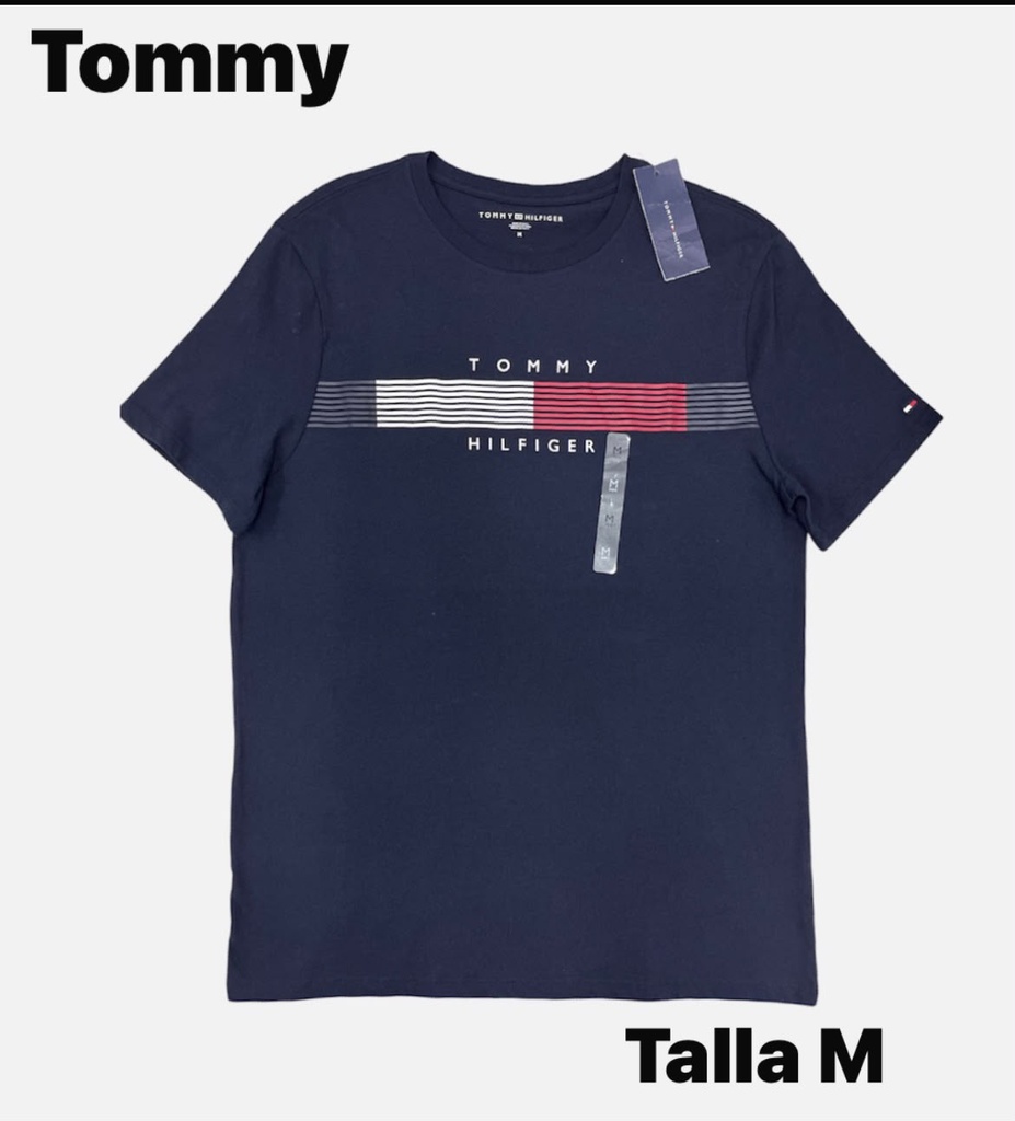 Playera Tommy Hilfiger azul marino con diseño de rayas horizontales y logotipo impreso en el pecho talla m